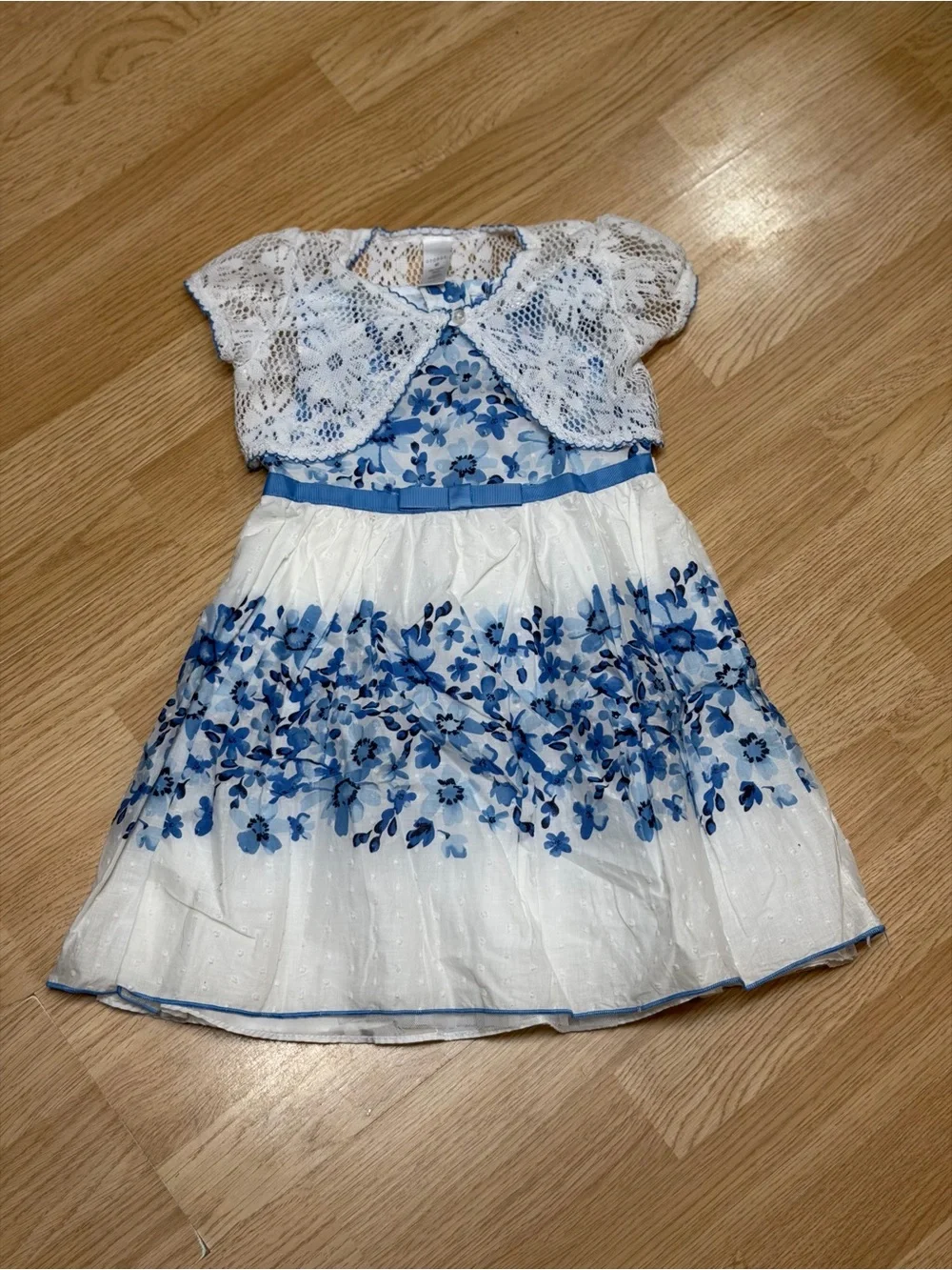 George Girls 4T Blue White Floral Dress Lace Bolero Overlay Spring Party
